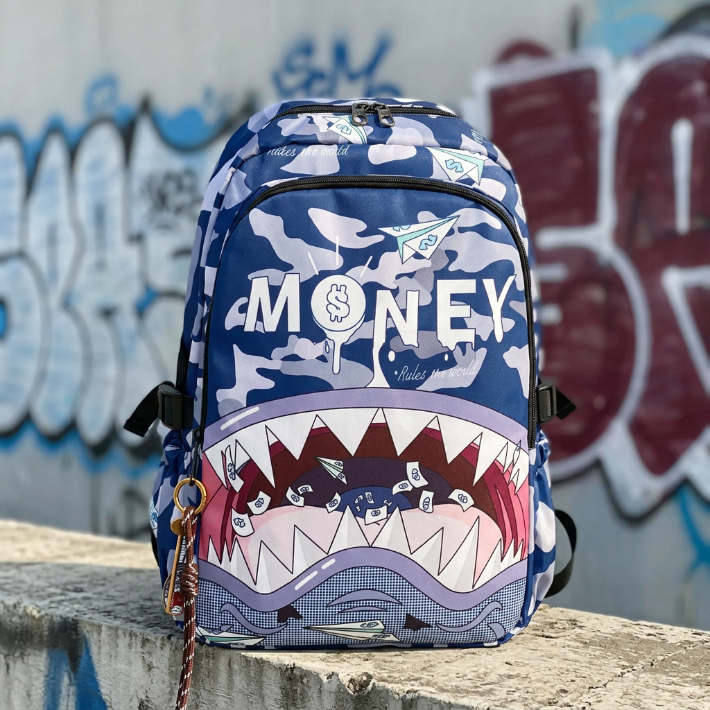 Dettaglio frontale dello zaino con sfondo graffiti