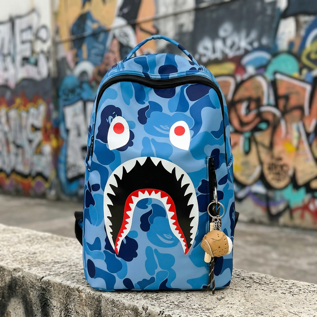 Zaino Shark Camo Blu frontale su muretto con graffiti, immagine generata